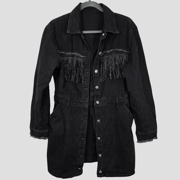 Rhinestone Tassel Raw Hem Long Sleeve Denim Jacket OR Mini Shirt Dress, Medium - Picture 8 of 8